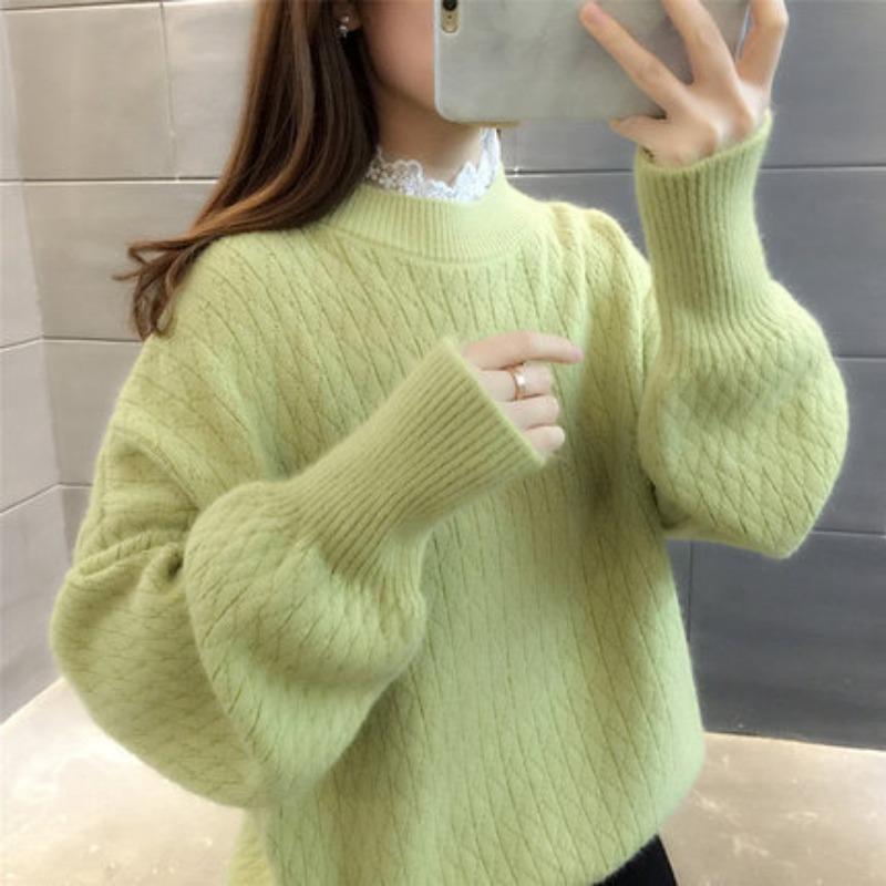 

Pullover lace edge sweater women s spring, autumn and winter youth high school junior high school students fleece thickened knitted bottoming shirt One size
