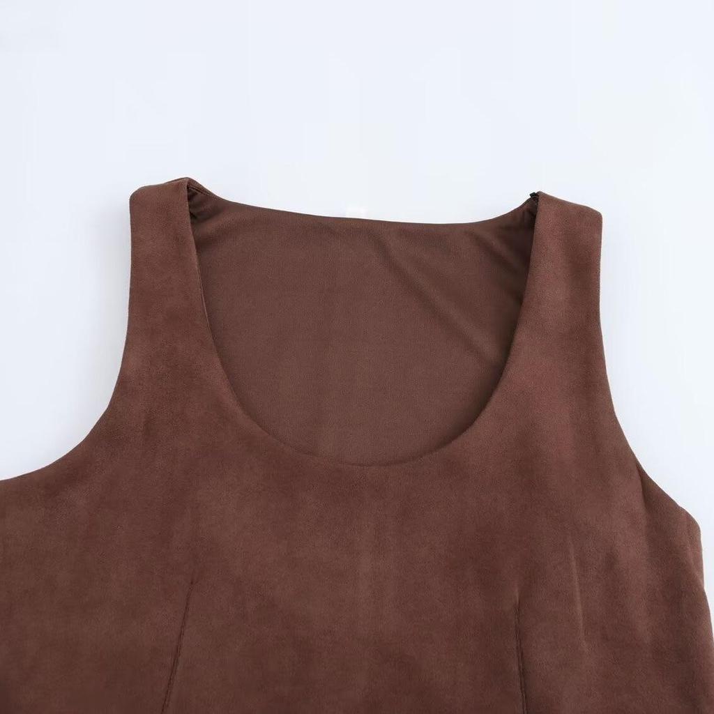 2024 Winter Women's Retro U-Neck Suede Effect Sleeveless Short Dress - European & American Style