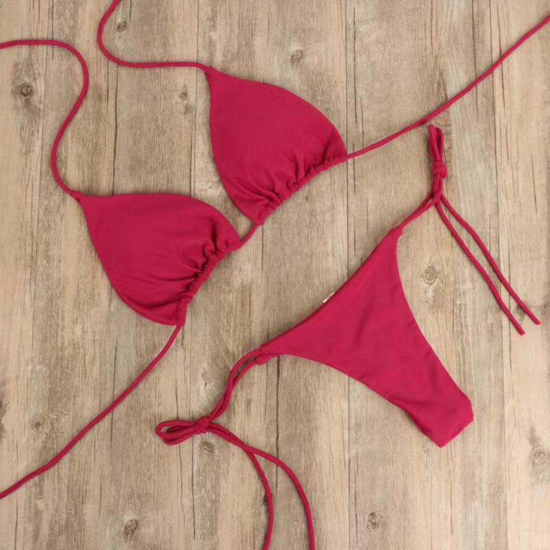 1Set Three-point Set European Style Tie Split Swimwear Solid Color Bikini Sexy Swimsuit