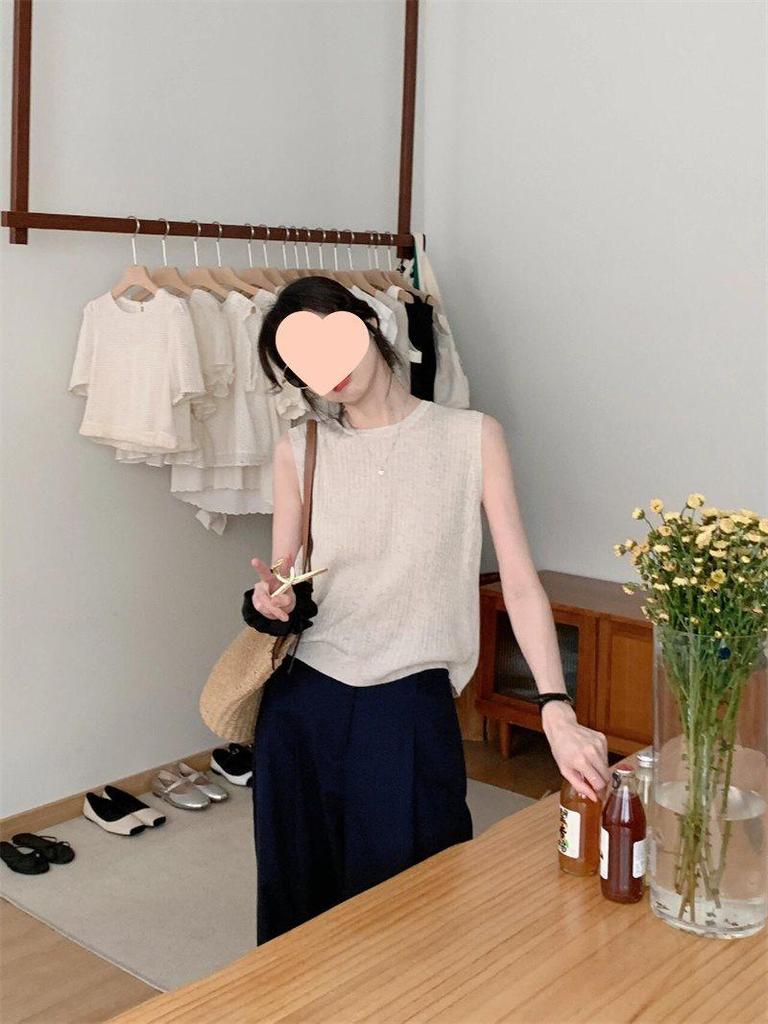 Women's French Sleeveless Knit Camisole - Open-Back Linen Tank Top for Summer