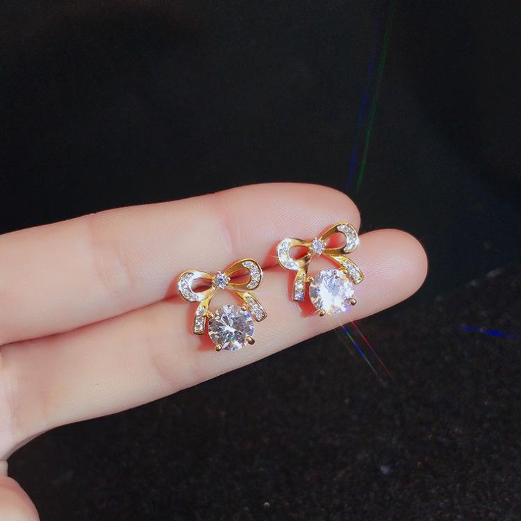 Sweet Temperament Bow Diamond Earrings Stud Earrings Female Super Fairy Mori Earclips No Ear Piercings