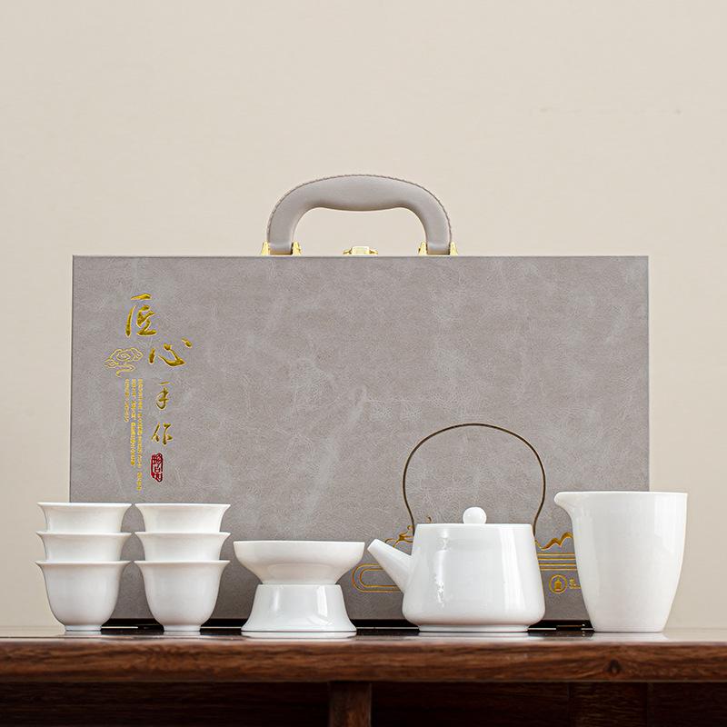 Suet jade tea set, kung fu set, white porcelain office household teapot cover bowl teacup
