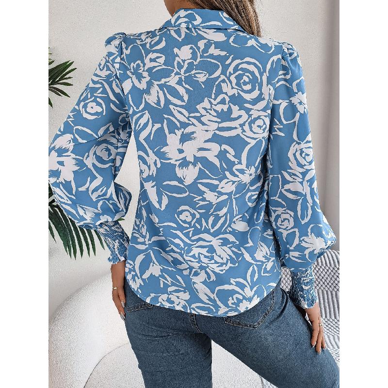 2026 Spring/Summer Elegant Contrast Color Floral Lantern Sleeve Turn-down Collar Shirt Casual Breathable Women's Top