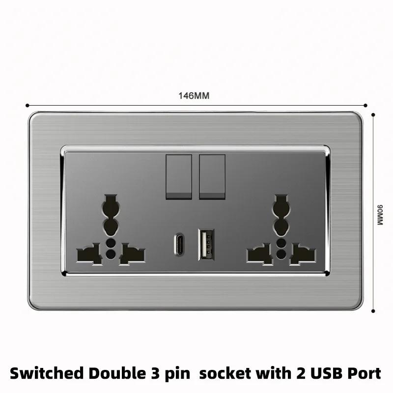 

Grey Stainless Steel Metal Uk 13A Wall 220V Light Switch with Electrical Socket, Smart Type-c Fast Charging Wall USB C Socket 110-250V&UK