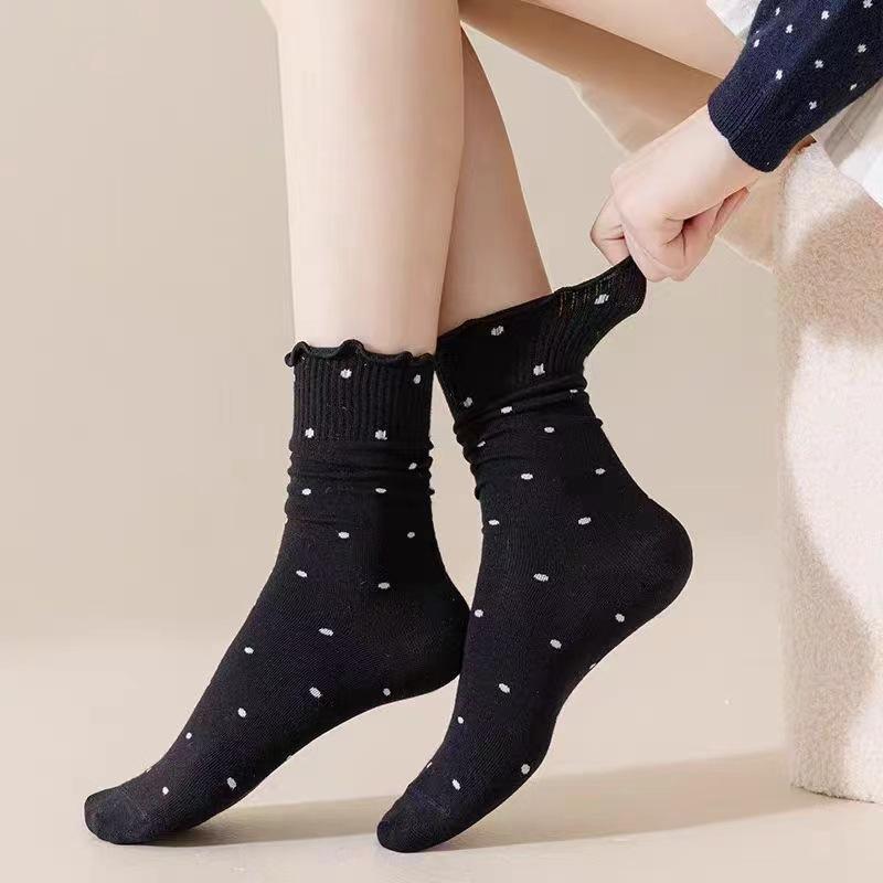Grey Socks for Women, Mid-calf Autumn Thin Polka Dot Lace Socks, Black Ear-trimmed Autumn and Winter Ballet Style Pile Socks