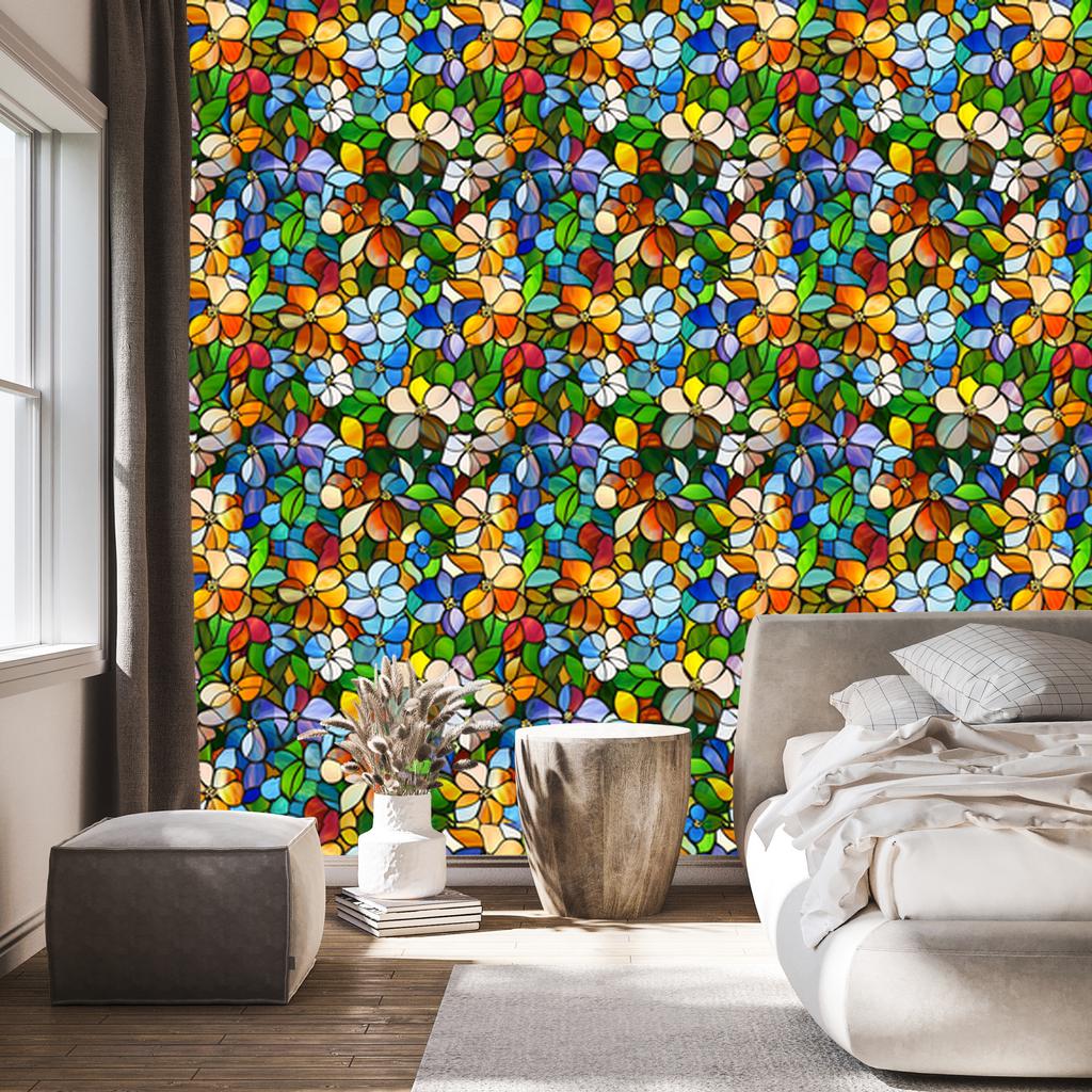 Blue and gold stained glass flowers wallpaper for living room and bedroom 50x1000