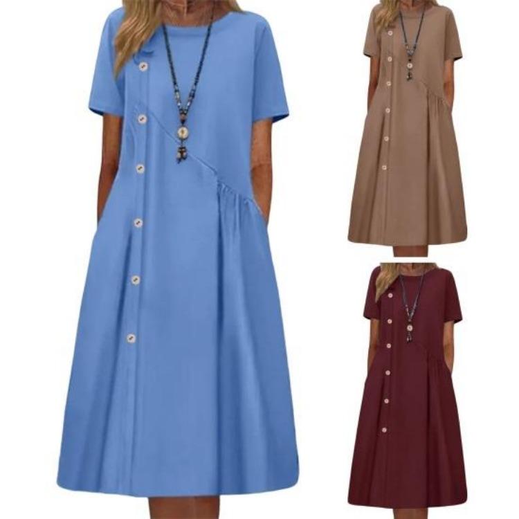 Casual Midi Dress for Women Beautiful Beach Dress Pleated O Neck Lady Clothes