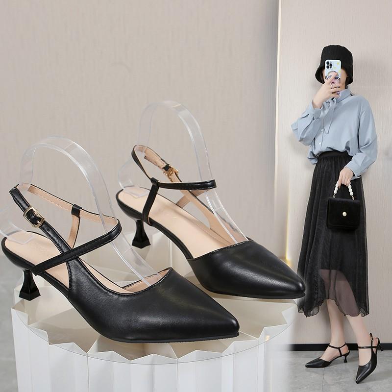 High Heel Pointed Head Bag Head Back Empty Professional Women's Sandals New Thin Heel Large Size One-word Buckle Women's Shoes