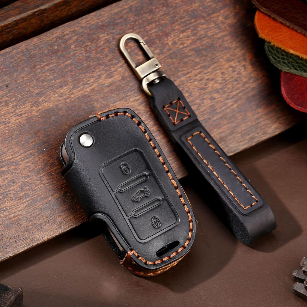Leather key bag is suitable for Volkswagen key cover folding special protection car key cover genuine leather
