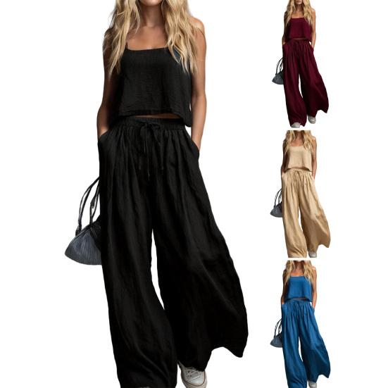 Sommer ärmelloses 2-teiliges Outfit für Damen, lässiges Crop-Cami-Top und weite Hosen, Loungewear-Partnerlook-Sets mit Taschen