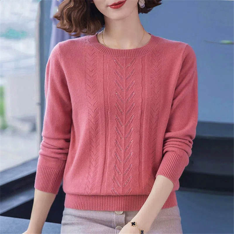 Women Spring Autumn Long Sleeve Knitwear Tops Middle-aged Mother Sweater O-neck Diamond Pullovers