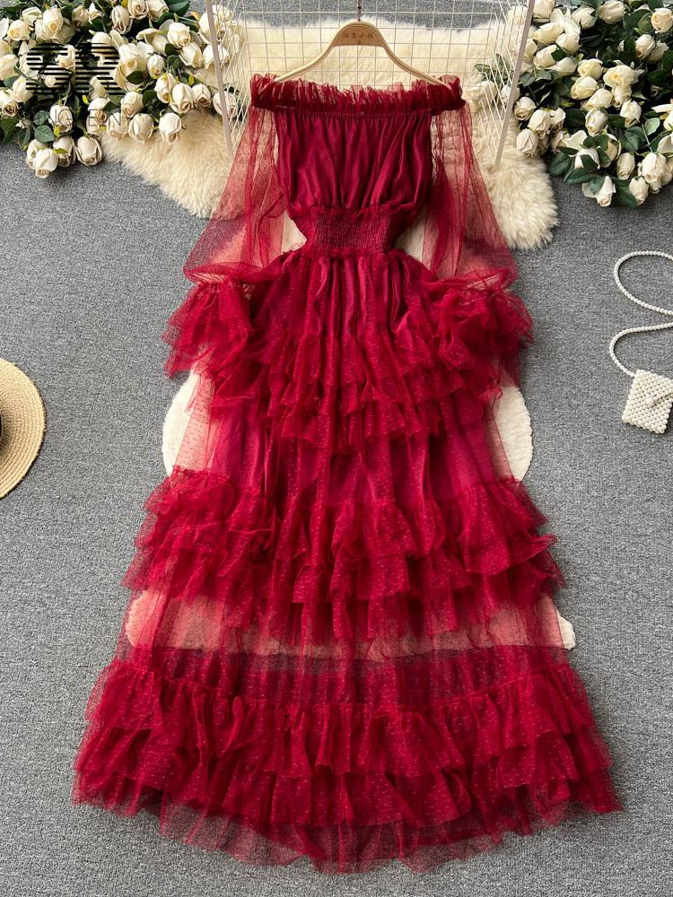 French Fashion Mesh Party Long Dress Women Ruffle Long Sleeve Slash Neck Elastic Waist Ladies Summer Elegant A Line Dresses