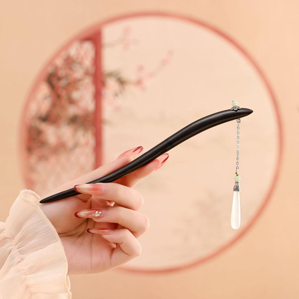 Ancient Style Black Sandalwood Tassel Hairpin for Qipao & Hanfu