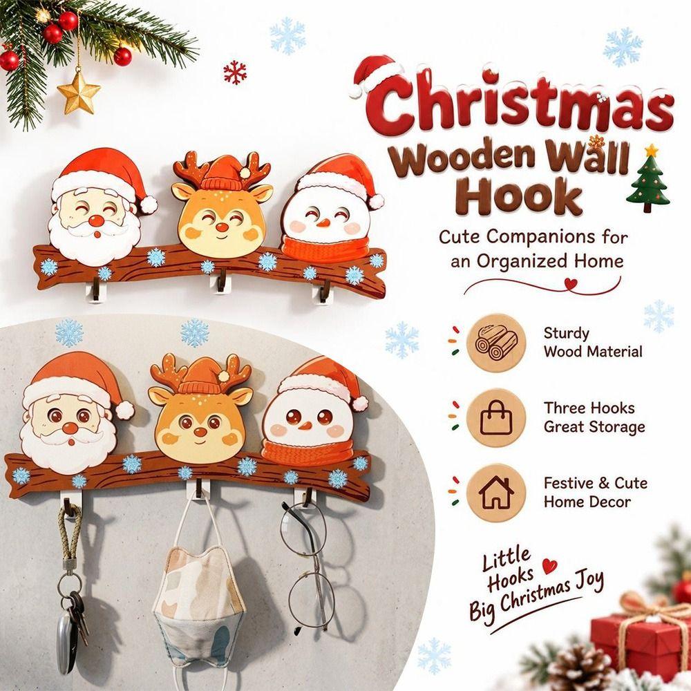 No Drill Christmas Wall Hook Wooden Key Holder Gifts Decorative Hook Key Storage