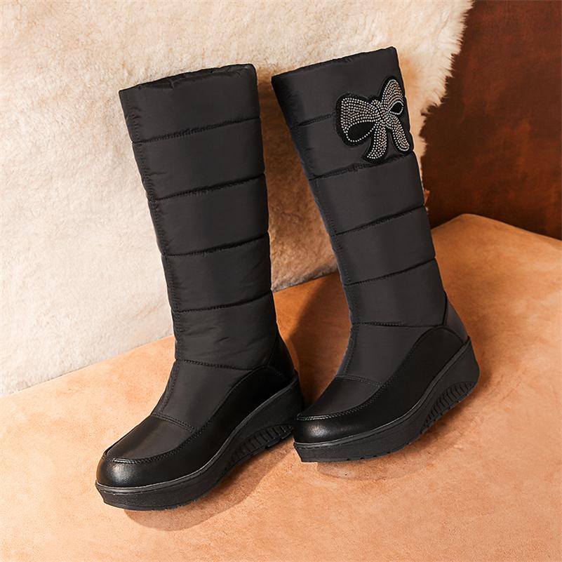 Women Mid Calf Boots Round Toe Flat Platform Mid Heels Crystal Platform Fur Bow Ladies Fashion Shoes Winter Black 44