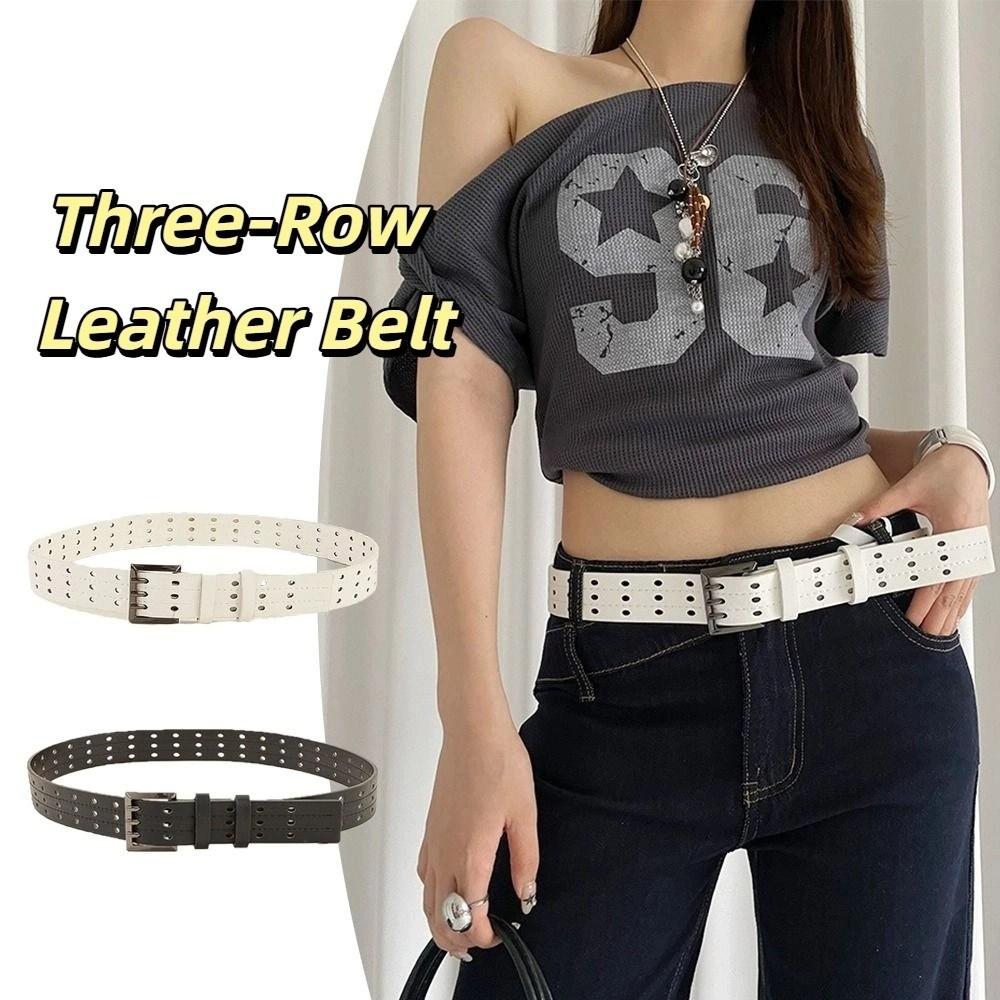 Vintage Three-Row Wide Belt Versatile Women's Dress Jeans Belt Leather Waistband Waist Accessories