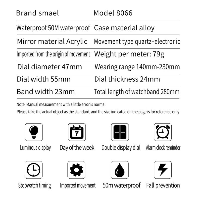 SMAEL Sportovní hodinky pro muže Dual Time Watch pro muže Led Light Watch Alarm 8066 Módní Sportovní hodinky Military S Shiock Náramkové hodinky