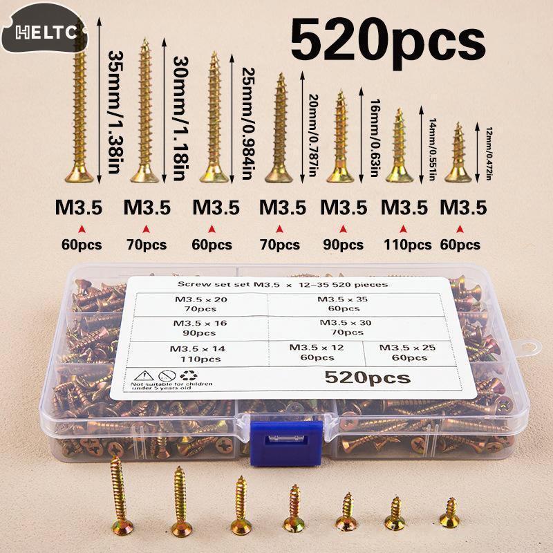 520Pcs M3.5 Countersunk Head Self-Tapping Screws Kit Color Galvanized Screw Set For Woodworking Industrial Home Decoration