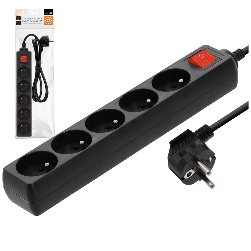 Extension Cord Strip, 5 Sockets, 1.5 , with Grounding and Switch, Black