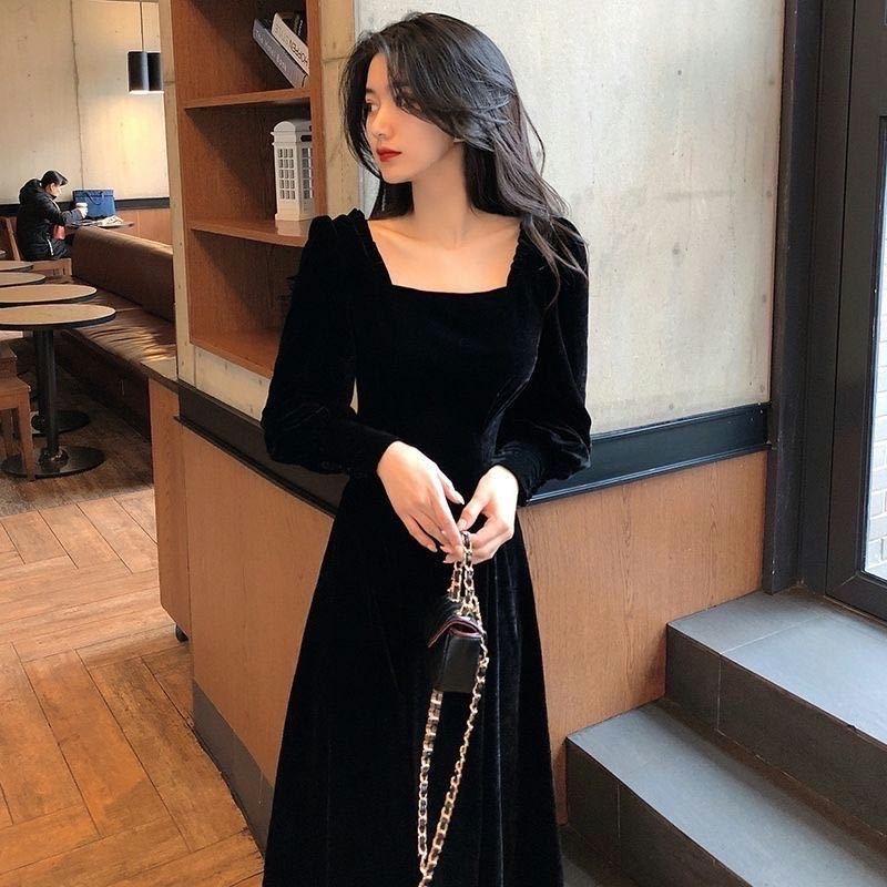 Velvet Square Neck Long-Sleeve Dress - 2022 Spring French Retro Slim Fit, Sexy Mid-Length Skirt