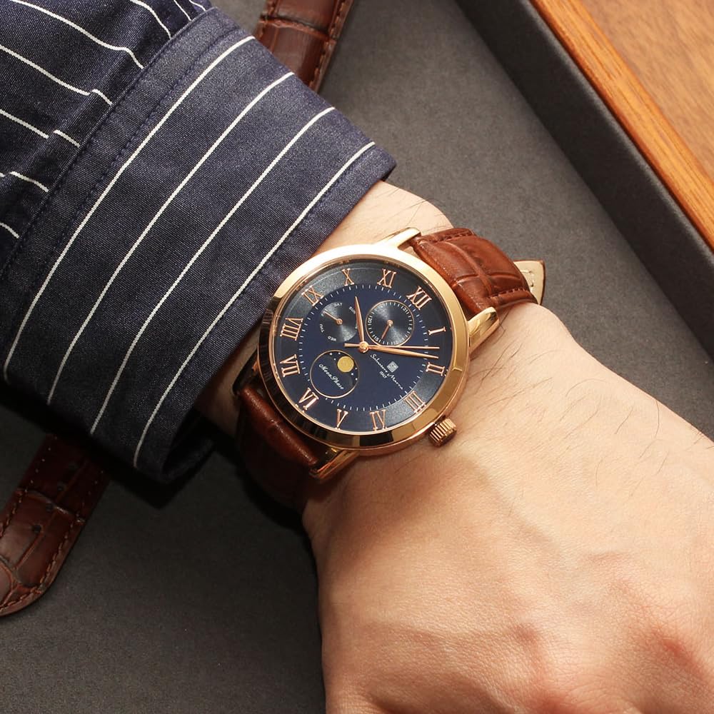 Moon 5 ATM Water Leather Limited Pink [Salvatore Marra] Men's Watch, Phase, Multi-Calendar, Resistant, Business/Formal, Strap, Edition, Gold,