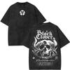 Couple Vintage Washed Print T Shirt Black Clover Skull Pattern Embroidered Flowe