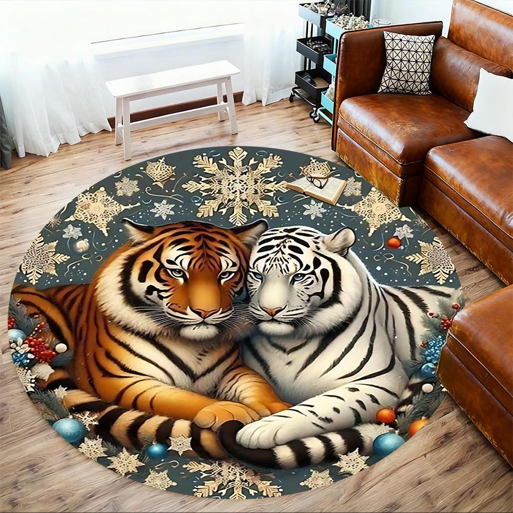 1pc Tiger Snowflake Round Chair mat office Area Rug - Non-Slip, Floor Mat for Office, Bedroom, and Indoor Decor p127010