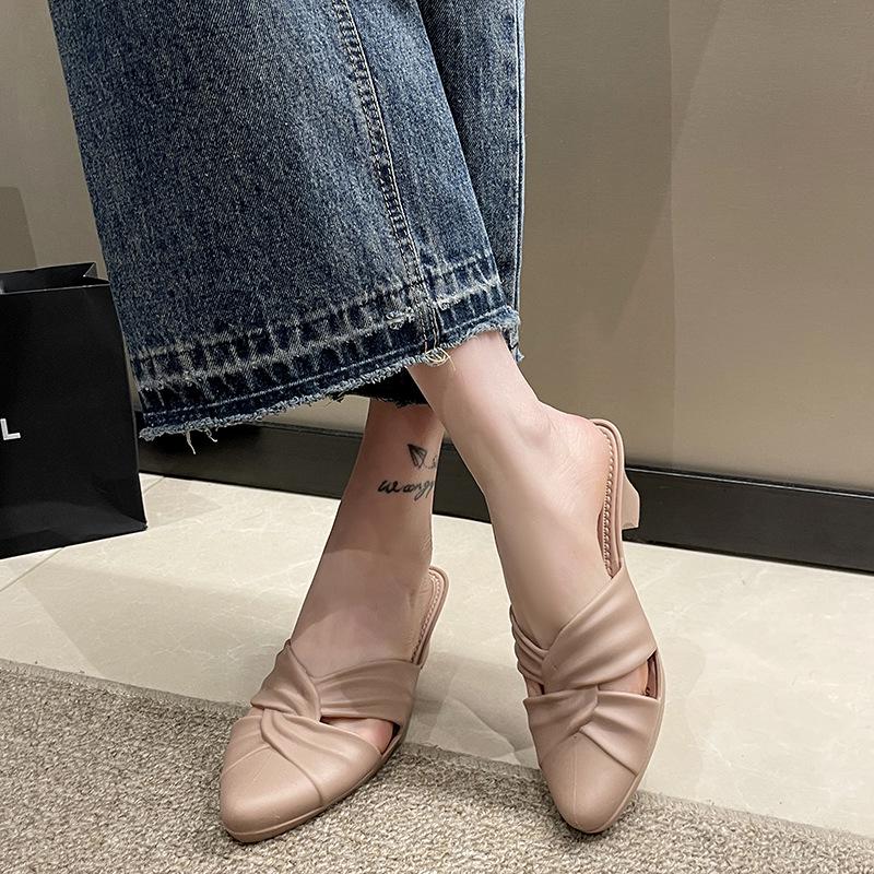 Yuzhihao Women's Summer Pointed Toe Half Slippers - Chunky Heel Casual Low Sandals