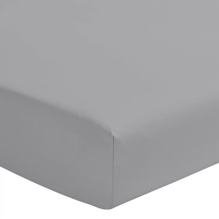 Drap housse uni 100% coton - Bonnet 25cm - Gris clair - 160x200 cm