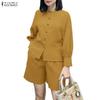 ZANZEA Women Long Sleeve Blouse and Shorts Casual Two Piece Suit Sets