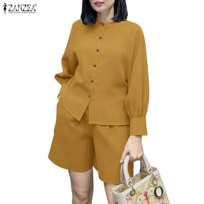 ZANZEA Women Long Sleeve Blouse and Shorts Casual Two Piece Suit Sets