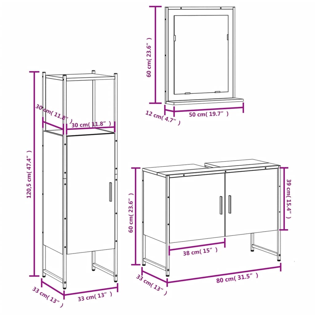 3 Piece Bathroom Furniture Set Smoked Oak Wood Based Material
