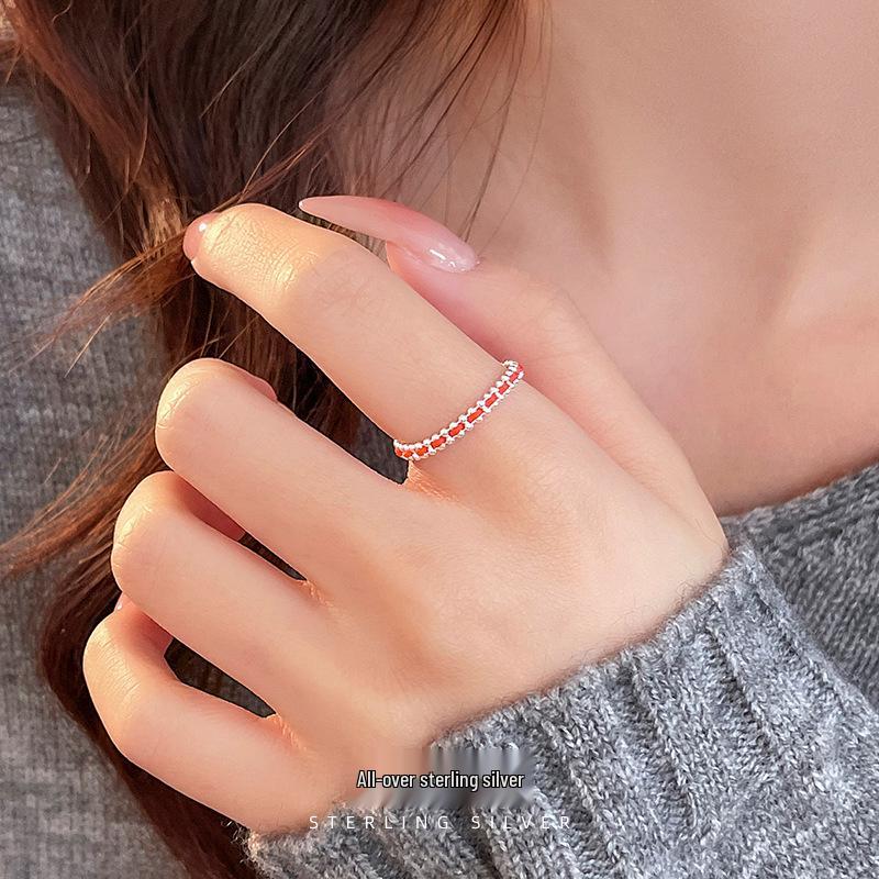 Cuiyan Shijie S925 Silver Korean Style Red Rope Drawstring Ring - Simple Handmade Women's Woven Jewelry