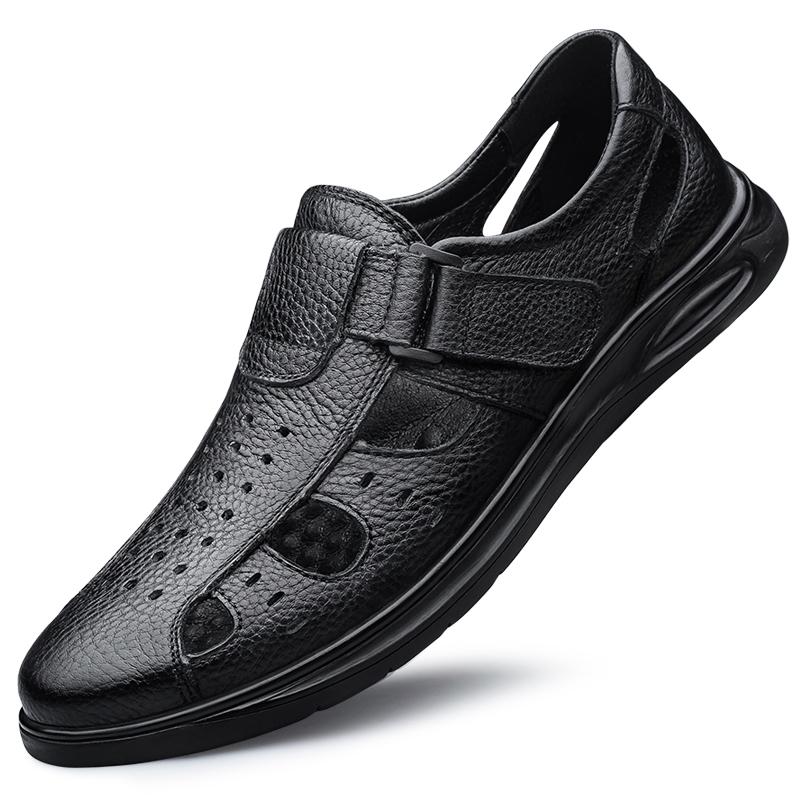 Fashion Summer Classic Black Hollow Out Leather Shoes Breathable and Comfortable Business Daily Hiking Shoes Middle Aged  Casual Shoes