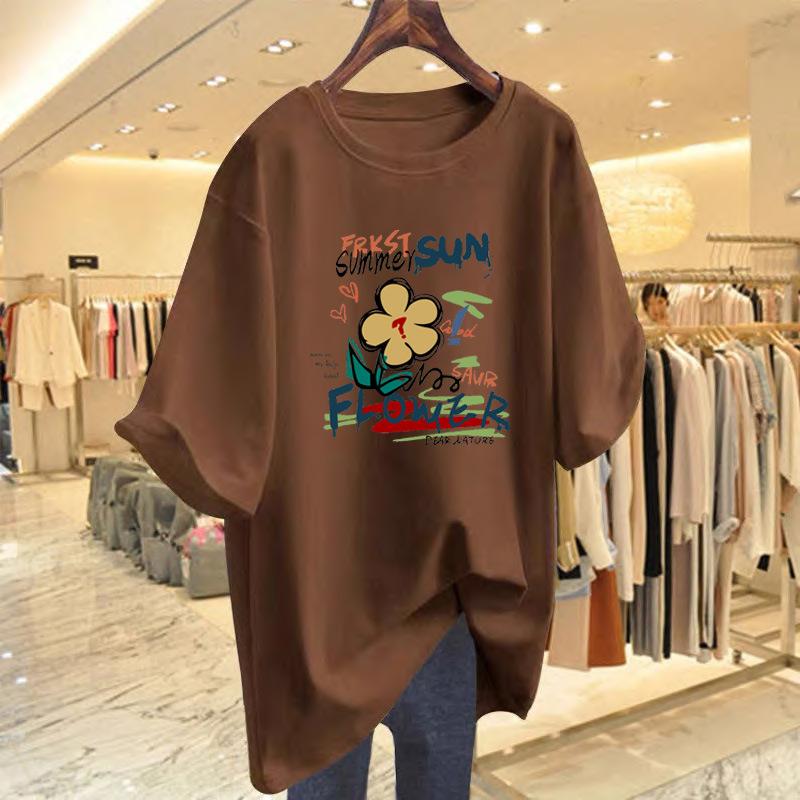 

Жіноча літня футболка з чистої бавовни з коротким рукавом 2025 нова квітка середня та довга вільна європейська велика версія футболка інс XXXL