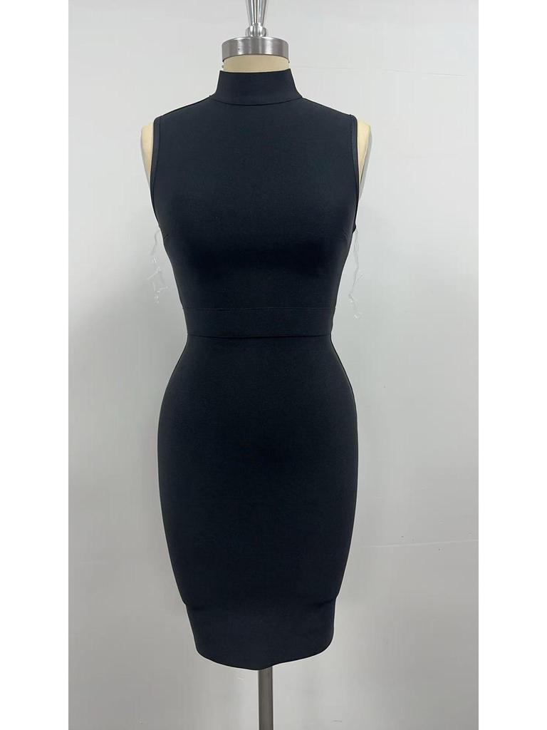 Women's Sleeveless Mock Neck Slim Fit Ruched Bodycon Dress