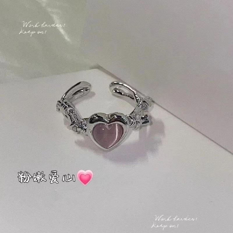 Niche design sense pink love thorns imitation cat's eye zircon ring female sweet cool style fashion temperament versatile ring
