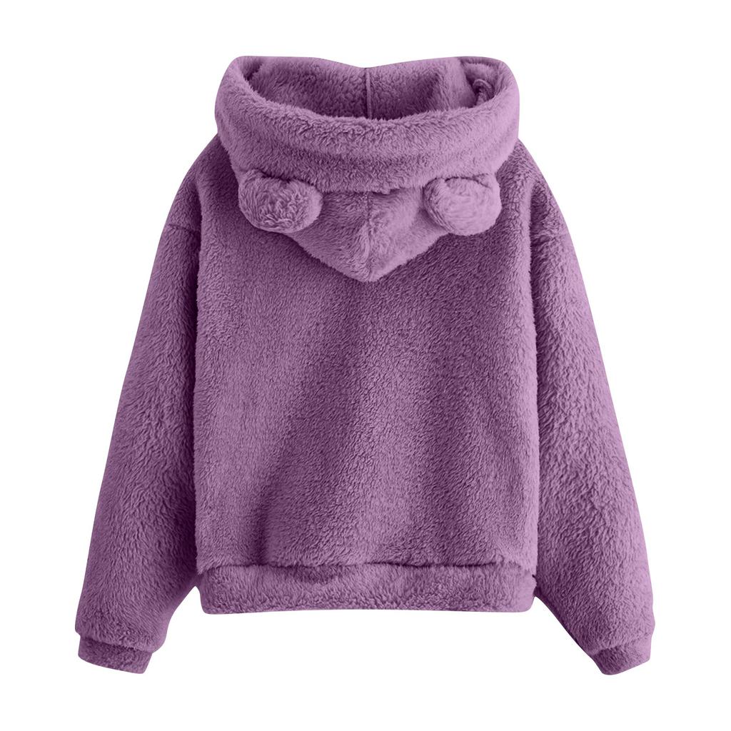 Women's Long Sleeve Fleece Sweatshirt Warm Bear Shape Fuzzy Hoodie Pullover
