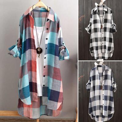 Turn-Down Collar Roll-up Sleeve Buttons Closure Sunscreen Shirt Plaid Print Mid-Length