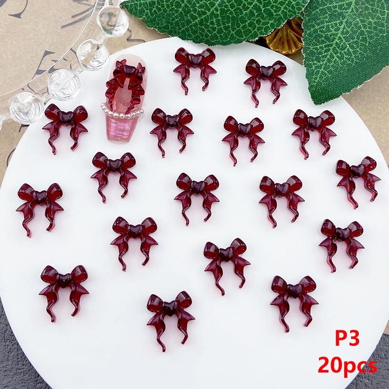 20Pcs Wine Red Resin Bow Nail Charm Bulk Mix Size 3D Ribbon Bowkont Mini Kawaii Nail Art Accessories Diy Cute Nails Decorations