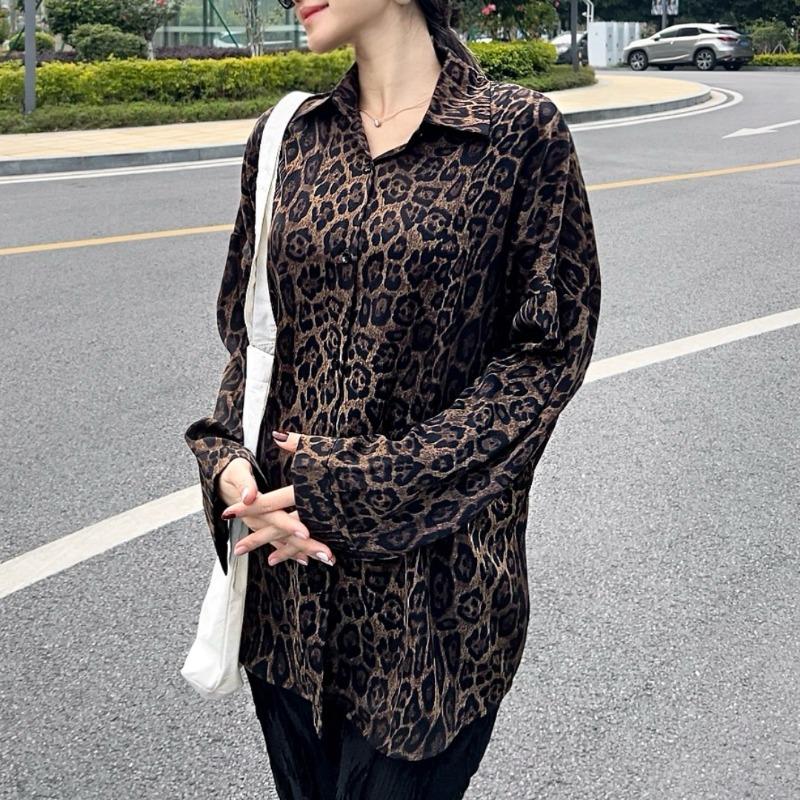 2025 Long Sleeve Leopard Print Women Shirt Plus Size Spring and Summer New Casual Office Blouse Jacket Lapel Loose Simple Coat Women Clothing 3137