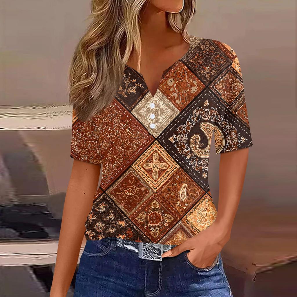 Women's Fashionable Casual Retro Print V-Neck Short Sleeve Decorative Button T-Shirt Top