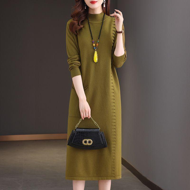 Knitted Dress Knee-length Women's Mid-length Loose Dress Plus-size Sweater Dress Solid-color Casual Half Turtleneck Pullover