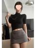 Women's American-Style Black Knitted Short-Sleeve Top: Spring/Summer Sexy, Slimming, Tight-Fit Half-High Collar