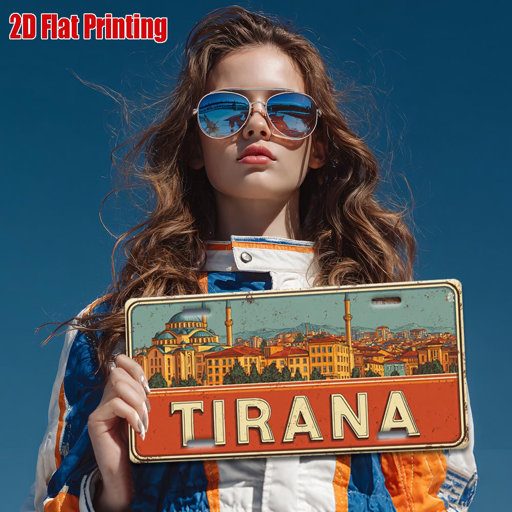 Printing, , Vintage Metal License Plate, Outdoor Wall Art , Number TIRANA Aluminum Sign with Albania Cityscape, Great for Hom
