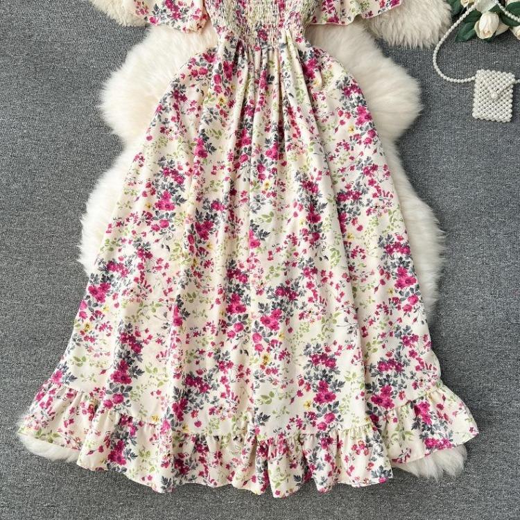 Summer Floral Off Shoulder Dress Women High Waist Short Sleeve Ankle Length Spring Casual Fashion