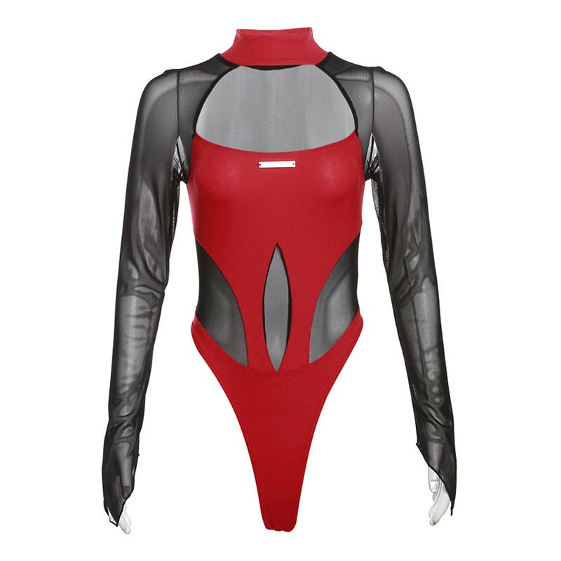 European and American style summer new women's clothing solid color slim street fashion round neck long sleeve mesh onesie