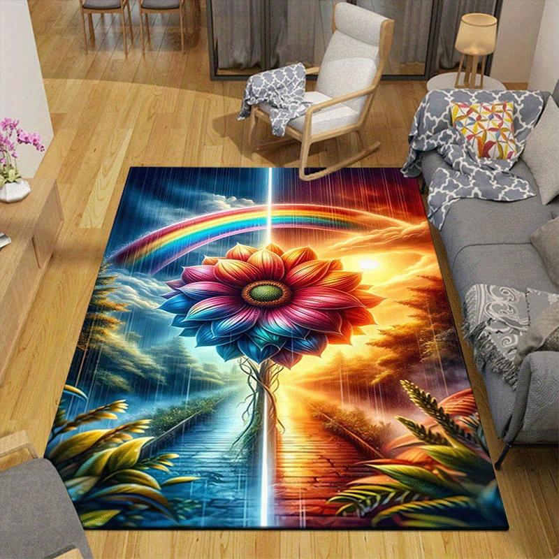 1pc Rainbows and Flowers Print Design Area Rug - Soft, Anti-Slip, and Durable Gaming Room Decor for Bedroom