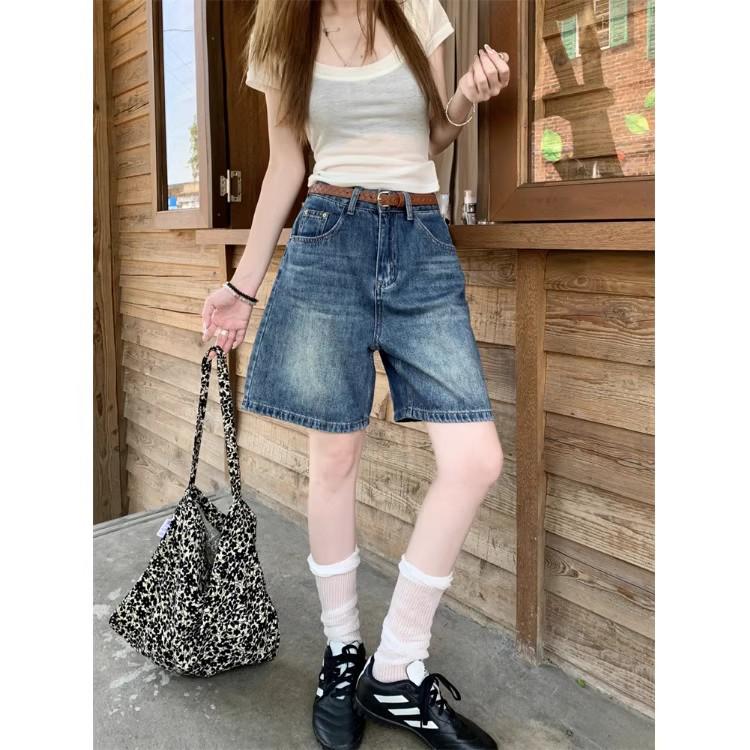 2025 Summer Women's Retro Blue High Waist Straight Leg Jeans - Versatile Petite Five-Point Shorts