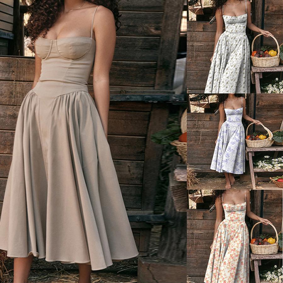 New Women's French Vintage Palace Style Solid Sexy Strappy Spring Dress